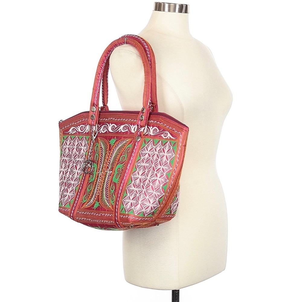 Banda Bags Handcrafted Pink Embroidered Boho Tote Bag Hmong Tribal Style NWT